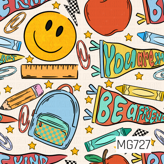 This playful school-themed design features a cheerful smiley face, backpack, apple, crayons, pencil, ruler, stars, paper clips, and colorful friendship pennants. Bright shades of blue, teal, yellow, orange, and red pop against a soft cream background for a fun, upbeat back-to-school look.
