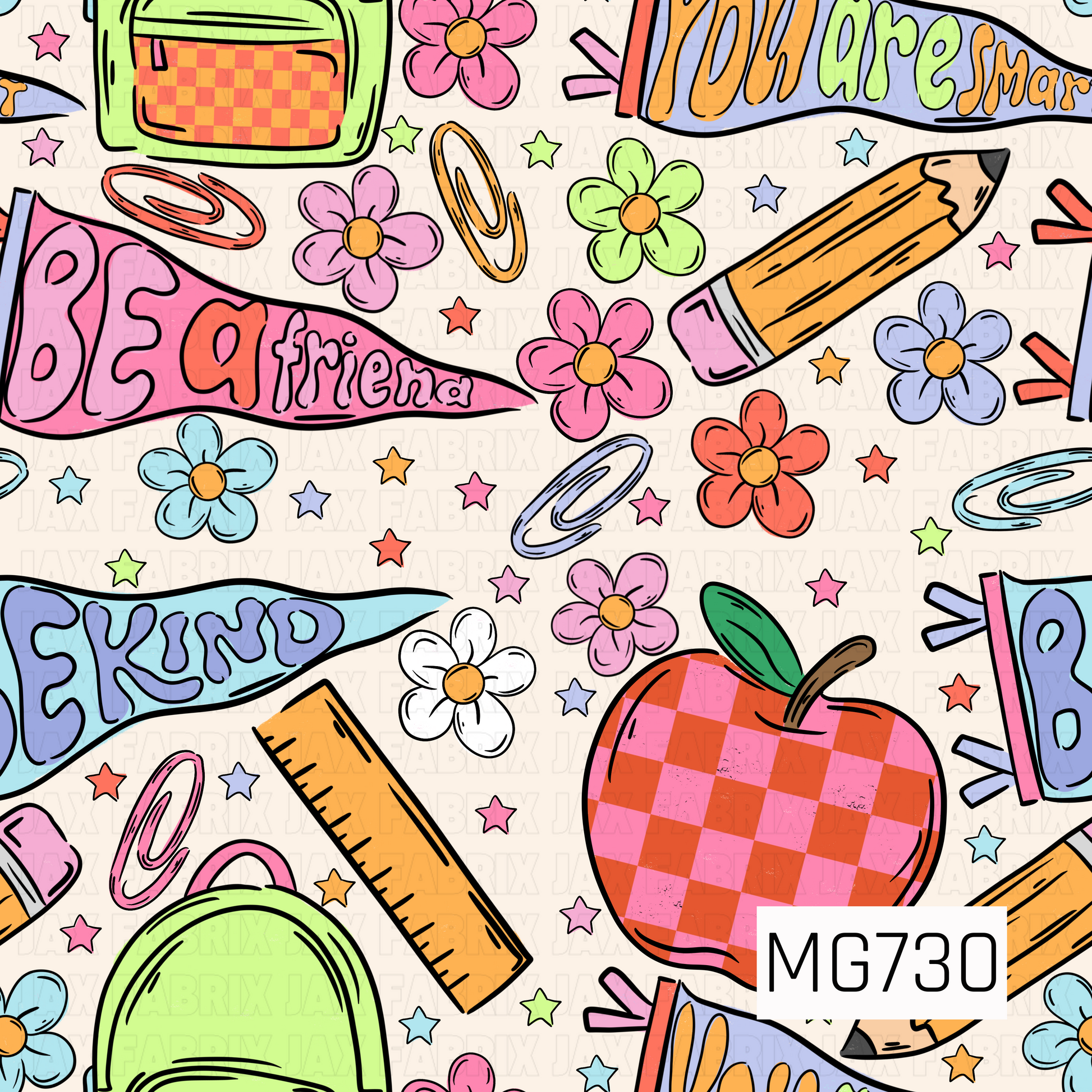 This playful school-themed design features colorful friendship pennants, backpacks, pencils, rulers, paper clips, stars, flowers, and a fun gingham apple. Bright pink, coral, lime green, blue, lavender, and golden yellow pop against a soft cream background for a cheerful, retro-inspired back-to-school look.
