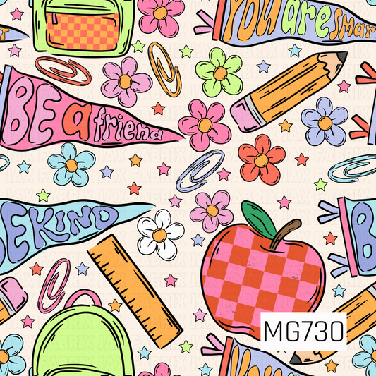 This playful school-themed design features colorful friendship pennants, backpacks, pencils, rulers, paper clips, stars, flowers, and a fun gingham apple. Bright pink, coral, lime green, blue, lavender, and golden yellow pop against a soft cream background for a cheerful, retro-inspired back-to-school look.
