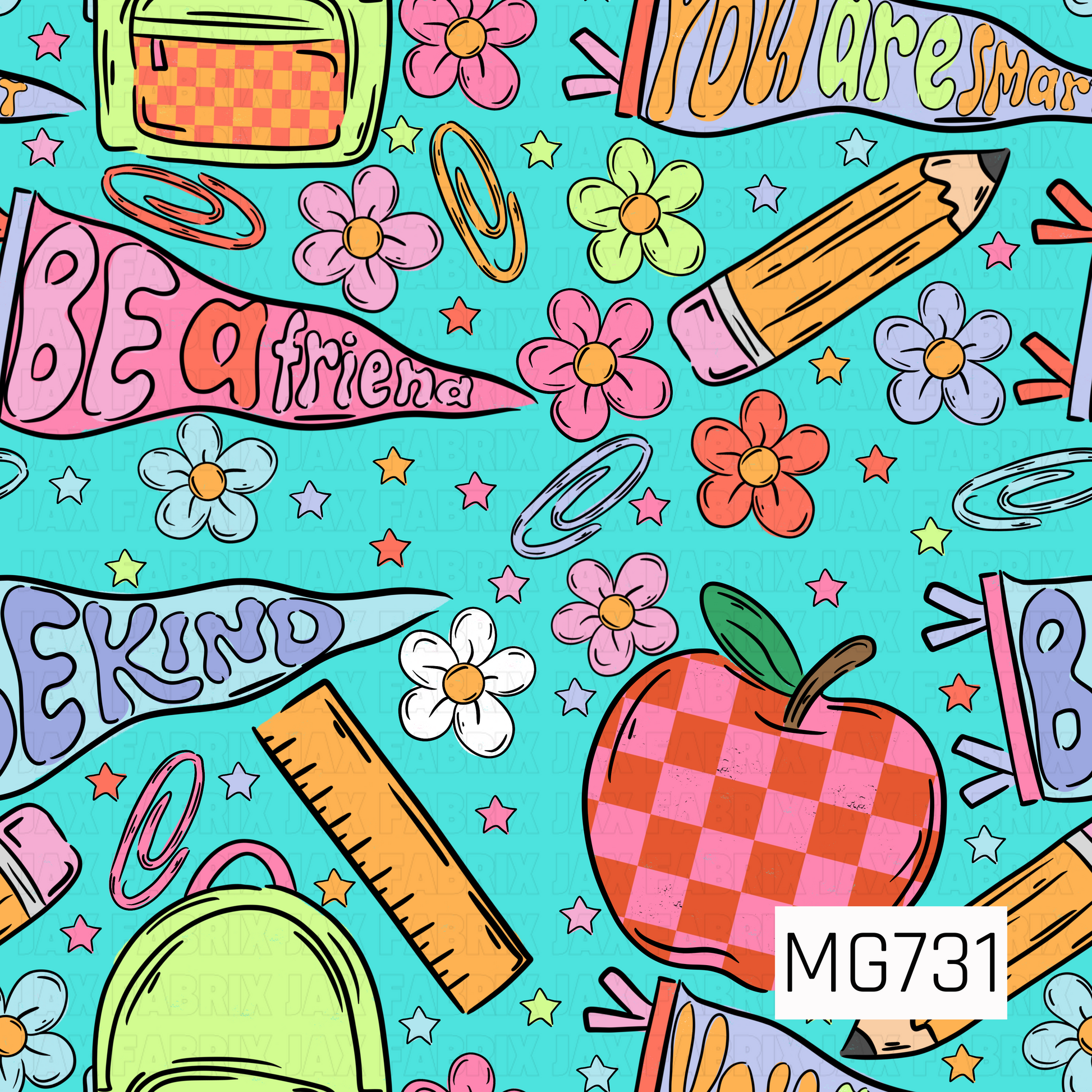 This playful school-themed design features colorful friendship pennants, backpacks, pencils, rulers, paper clips, stars, flowers, and a bold gingham apple. Bright pinks, lime green, orange, lavender, and yellow pop against a vibrant turquoise blue background for a cheerful, energetic back-to-school look.
