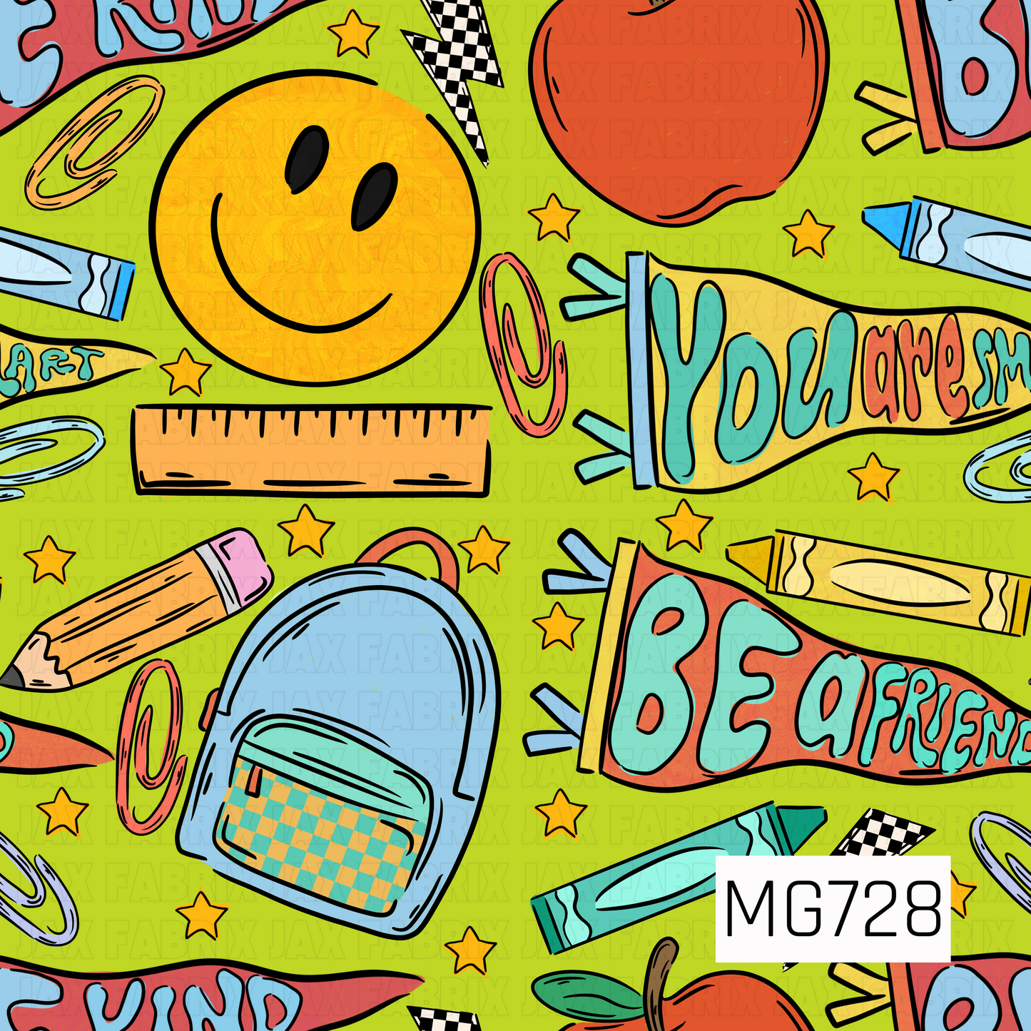 This playful school-themed design features a cheerful smiley face, backpack, apples, crayons, pencils, rulers, stars, and colorful friendship pennants. Bright blues, yellows, oranges, reds, and teals pop against a bold lime green background for a fun, energetic back-to-school look.

