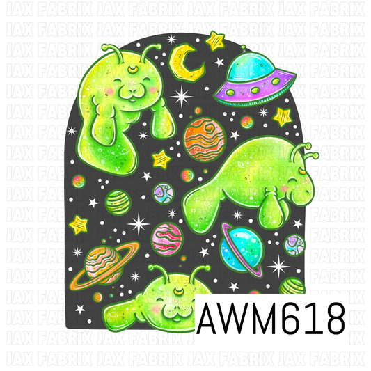 A whimsical space-themed PNG featuring adorable lime green alien creatures surrounded by colorful planets, a purple UFO, crescent moon, stars and scattered cosmic details on a dark charcoal background.