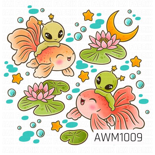 A whimsical PNG featuring adorable little green aliens riding colorful goldfish, surrounded by pink lotus flowers, lily pads, bubbles, stars, and a crescent moon. A playful mix of outer space and pond-inspired elements with bright, cheerful colors.