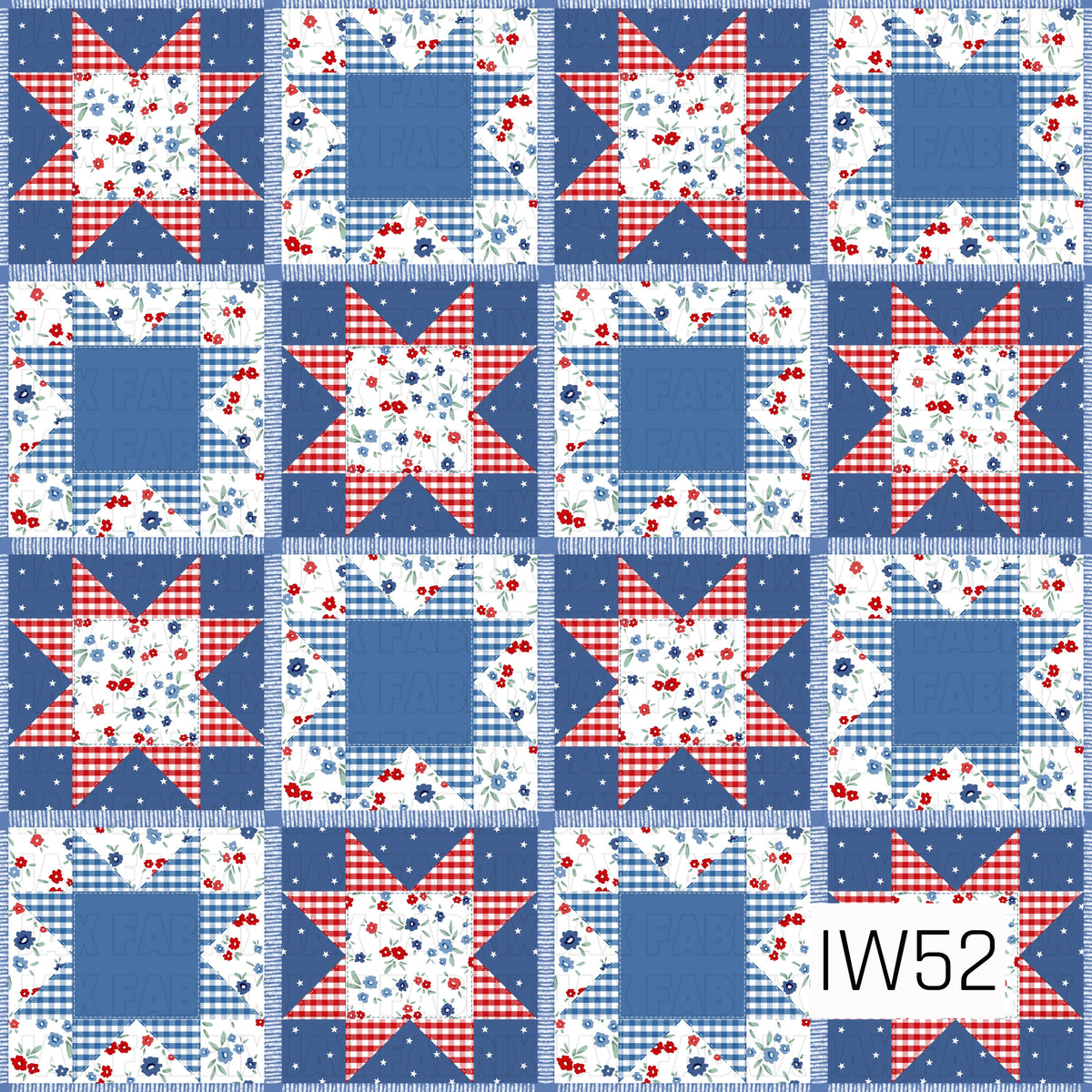 A charming Americana patchwork pattern featuring alternating quilt-inspired star blocks in patriotic red, white, and blue. Classic red and blue gingham checks are paired with delicate vintage florals, navy backgrounds with tiny white stars, and solid dusty blue accents. Each block is finished with stitched details and textured borders, creating a cozy, nostalgic farmhouse quilt design.
