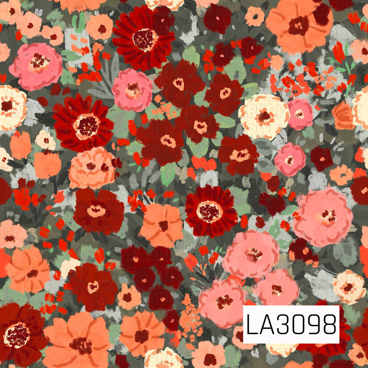 A rich, painterly floral pattern filled with bold blooms in deep rust red, coral, peach, blush pink, and soft cream. Muted sage, olive, and charcoal foliage creates a darker backdrop, while scattered bright red-orange accents add warmth and contrast. The textured brushstroke style gives the design an artistic, rustic autumn feel.
