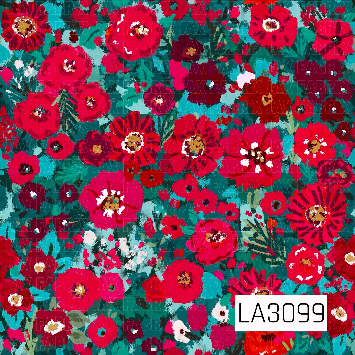 A bold, painterly floral pattern filled with vibrant red, crimson, and deep burgundy blooms against a rich teal and turquoise background. Loose brushstrokes, layered foliage, and touches of white, mustard, coral, and soft green give the design an expressive, hand-painted feel with plenty of texture and depth.
