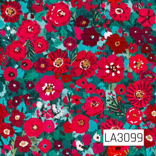 A bold, painterly floral pattern filled with vibrant red, crimson, and deep burgundy blooms against a rich teal and turquoise background. Loose brushstrokes, layered foliage, and touches of white, mustard, coral, and soft green give the design an expressive, hand-painted feel with plenty of texture and depth.
