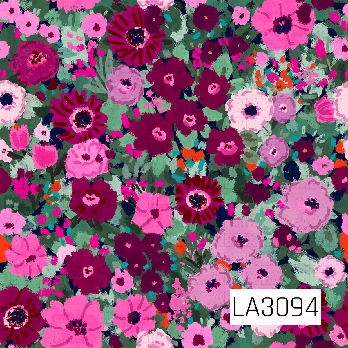 A vibrant hand-painted floral featuring layered blooms in shades of hot pink, berry, burgundy, blush, and lavender. Lush green foliage, deep navy accents, pops of teal, and touches of bright orange fill the background, creating a bold, colorful garden-inspired design with an artistic painted texture.
