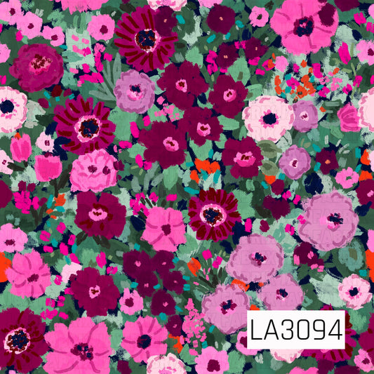 A vibrant hand-painted floral featuring layered blooms in shades of hot pink, berry, burgundy, blush, and lavender. Lush green foliage, deep navy accents, pops of teal, and touches of bright orange fill the background, creating a bold, colorful garden-inspired design with an artistic painted texture.
