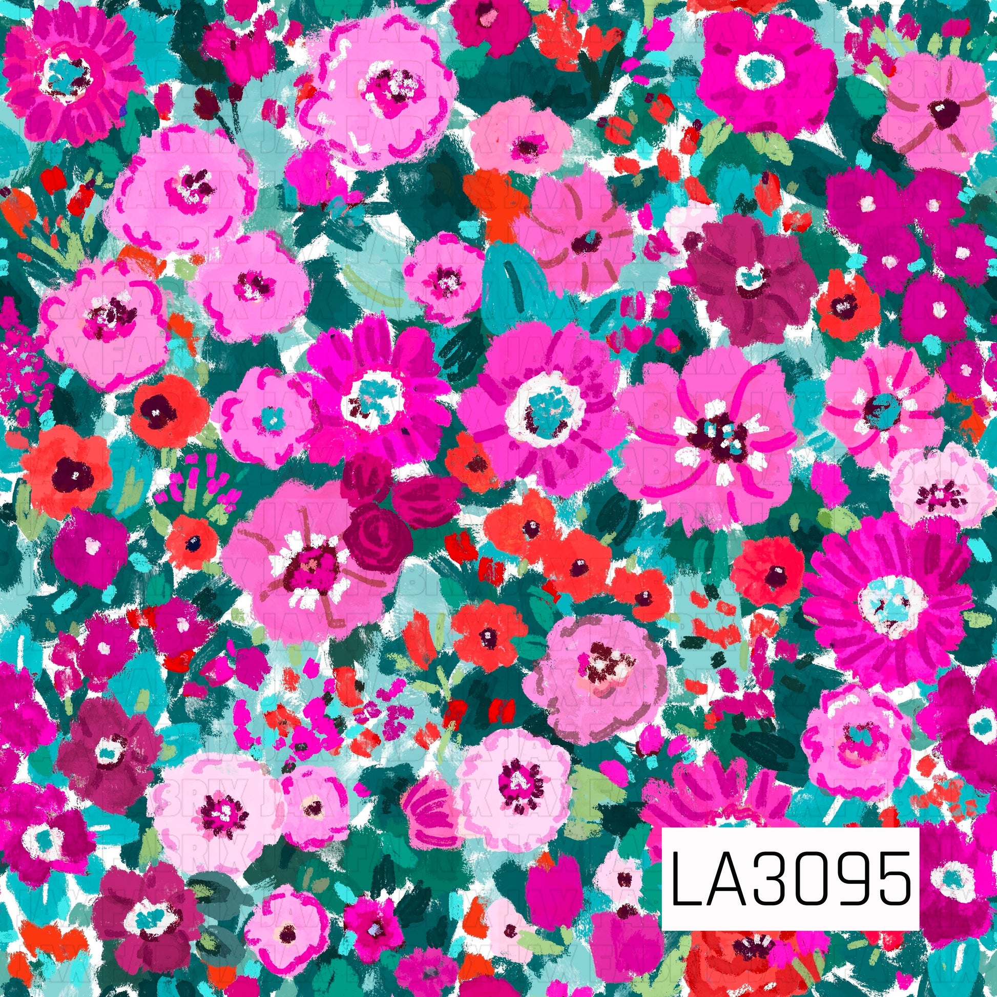 A vibrant hand-painted floral packed with bold blooms in shades of hot pink, fuchsia, magenta, coral, and soft blush. Layers of teal, turquoise, and deep green foliage fill the background, with pops of bright orange adding extra contrast. Textured brushstrokes give the design a colorful, artistic feel.
