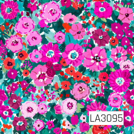 A vibrant hand-painted floral packed with bold blooms in shades of hot pink, fuchsia, magenta, coral, and soft blush. Layers of teal, turquoise, and deep green foliage fill the background, with pops of bright orange adding extra contrast. Textured brushstrokes give the design a colorful, artistic feel.
