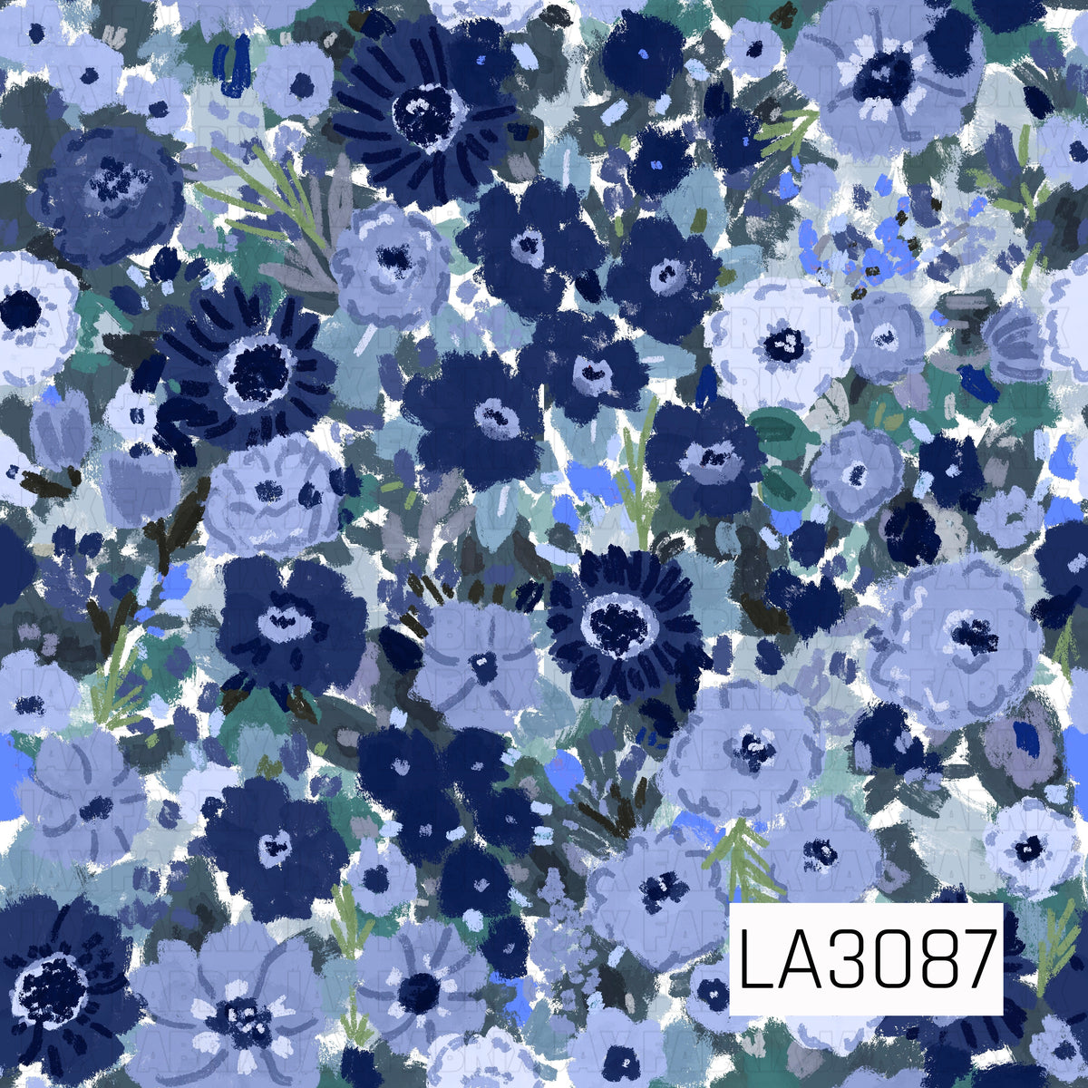 A bold painterly floral design filled with layered blooms in deep navy, periwinkle, dusty blue, and soft icy blue. Touches of muted teal, sage green, and white foliage weave throughout, creating a full, textured botanical pattern with a cool winter-inspired palette.
