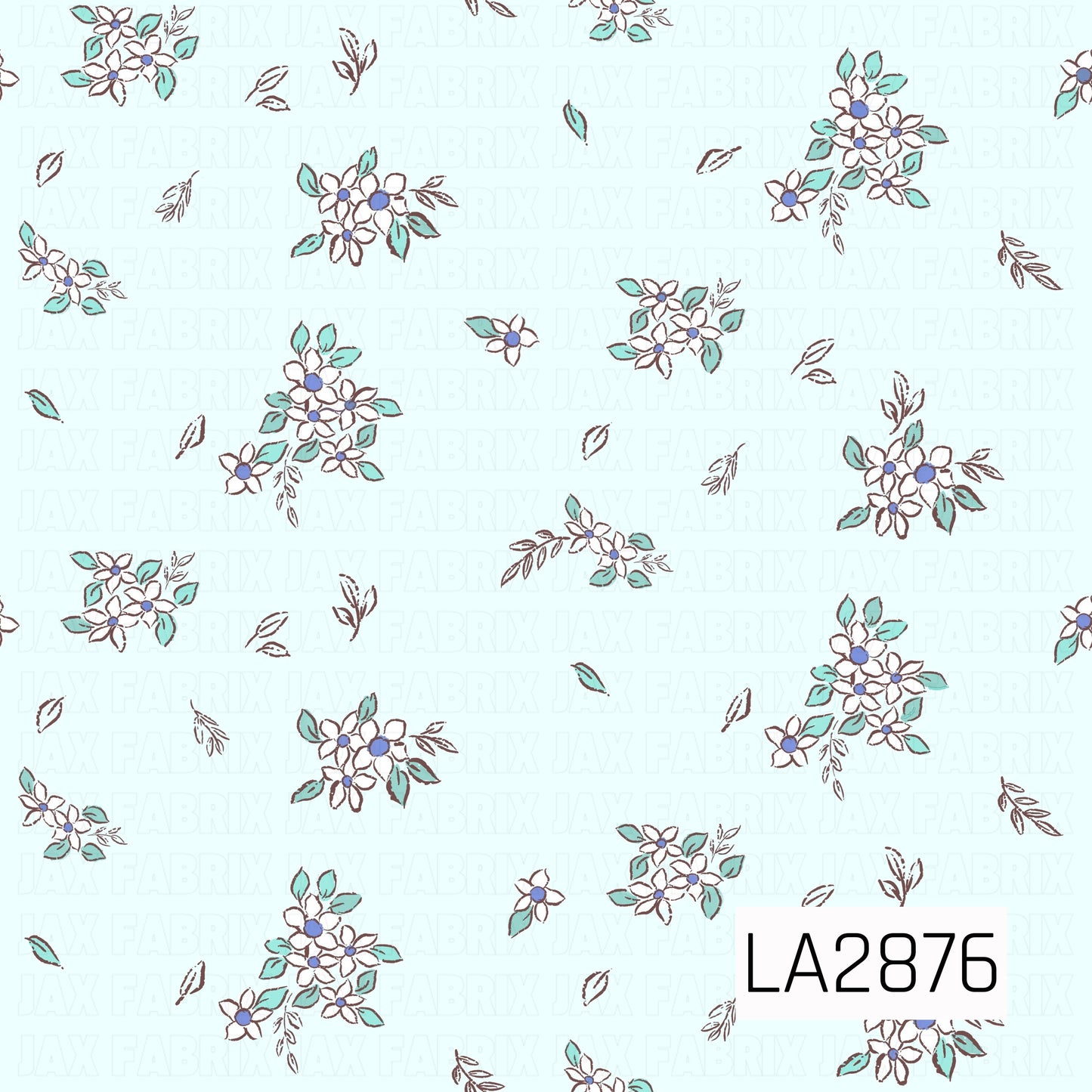 A delicate ditsy floral pattern featuring small white flowers with soft blue centers, accented by aqua-green leaves and warm brown stems. Scattered across a pale aqua background, the fresh color palette creates a charming vintage-inspired design that's perfect for coordinating fabrics and bows.
