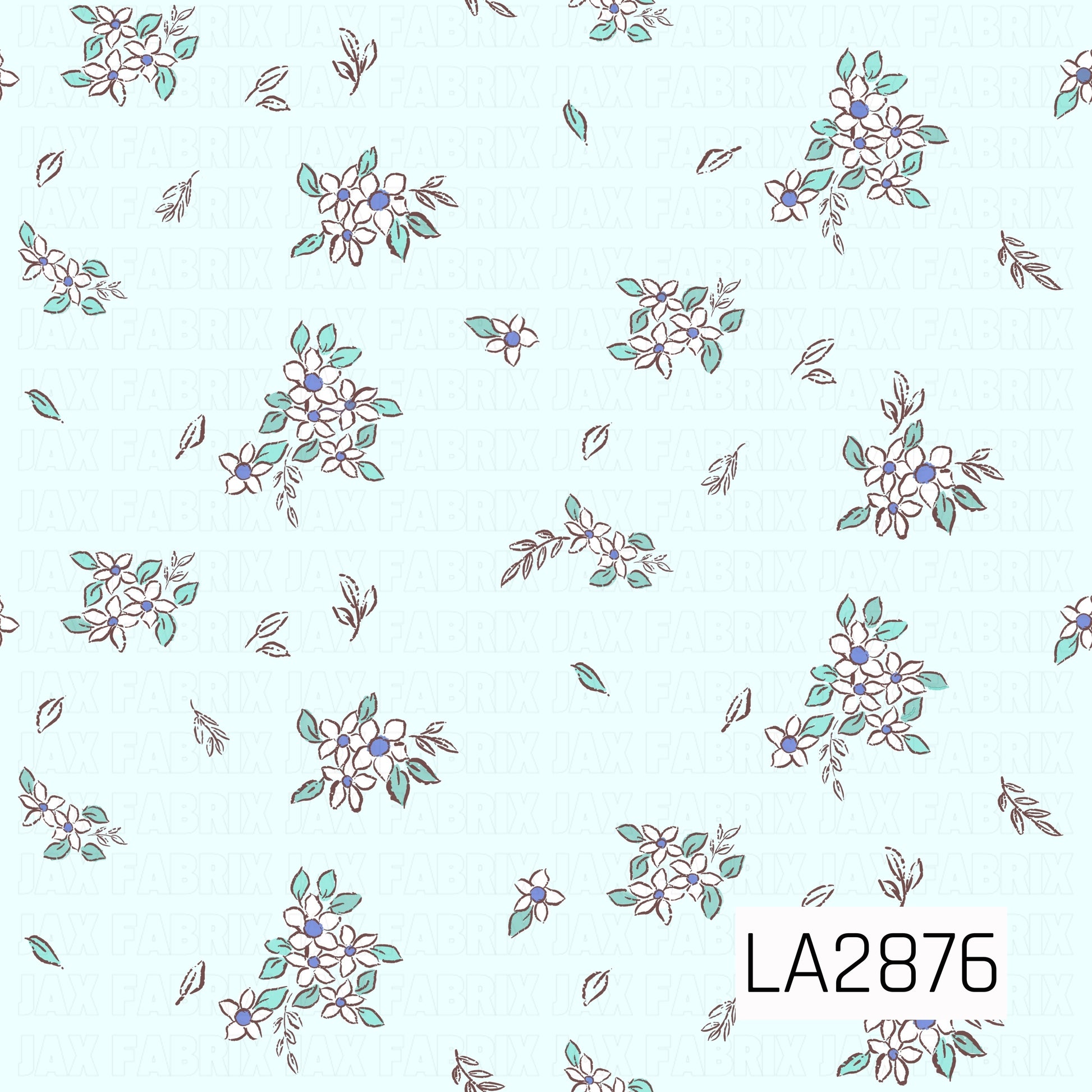 A delicate ditsy floral pattern featuring small white flowers with soft blue centers, accented by aqua-green leaves and warm brown stems. Scattered across a pale aqua background, the fresh color palette creates a charming vintage-inspired design that's perfect for coordinating fabrics and bows.
