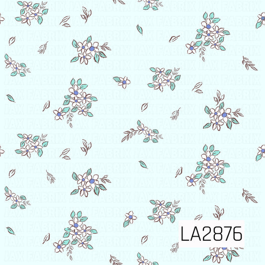A delicate ditsy floral pattern featuring small white flowers with soft blue centers, accented by aqua-green leaves and warm brown stems. Scattered across a pale aqua background, the fresh color palette creates a charming vintage-inspired design that's perfect for coordinating fabrics and bows.

