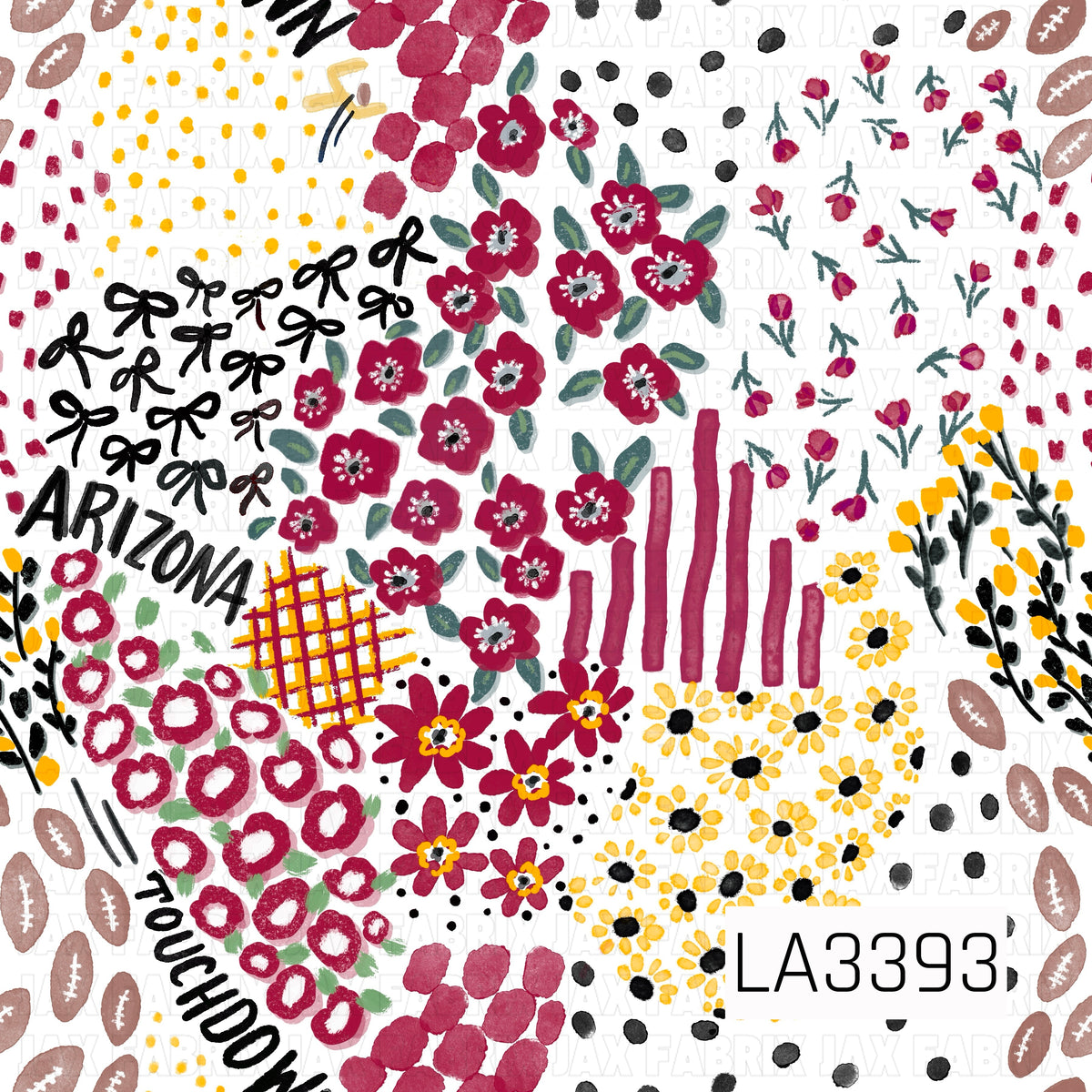 A playful Arizona football-inspired print featuring deep cardinal red, golden yellow, black, and white. Hand-painted florals, bows, footballs, scattered dots, stripes, plaid accents, and “Arizona” and “Touchdown” lettering create a fun, artsy game day design.
