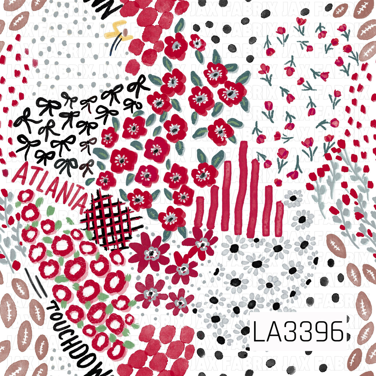 A playful Atlanta football-inspired print featuring bold red, black, gray, and white. Hand-painted florals, bows, footballs, scattered dots, stripes, plaid accents, and “Atlanta” and “Touchdown” lettering create a fun, artsy game day look.
