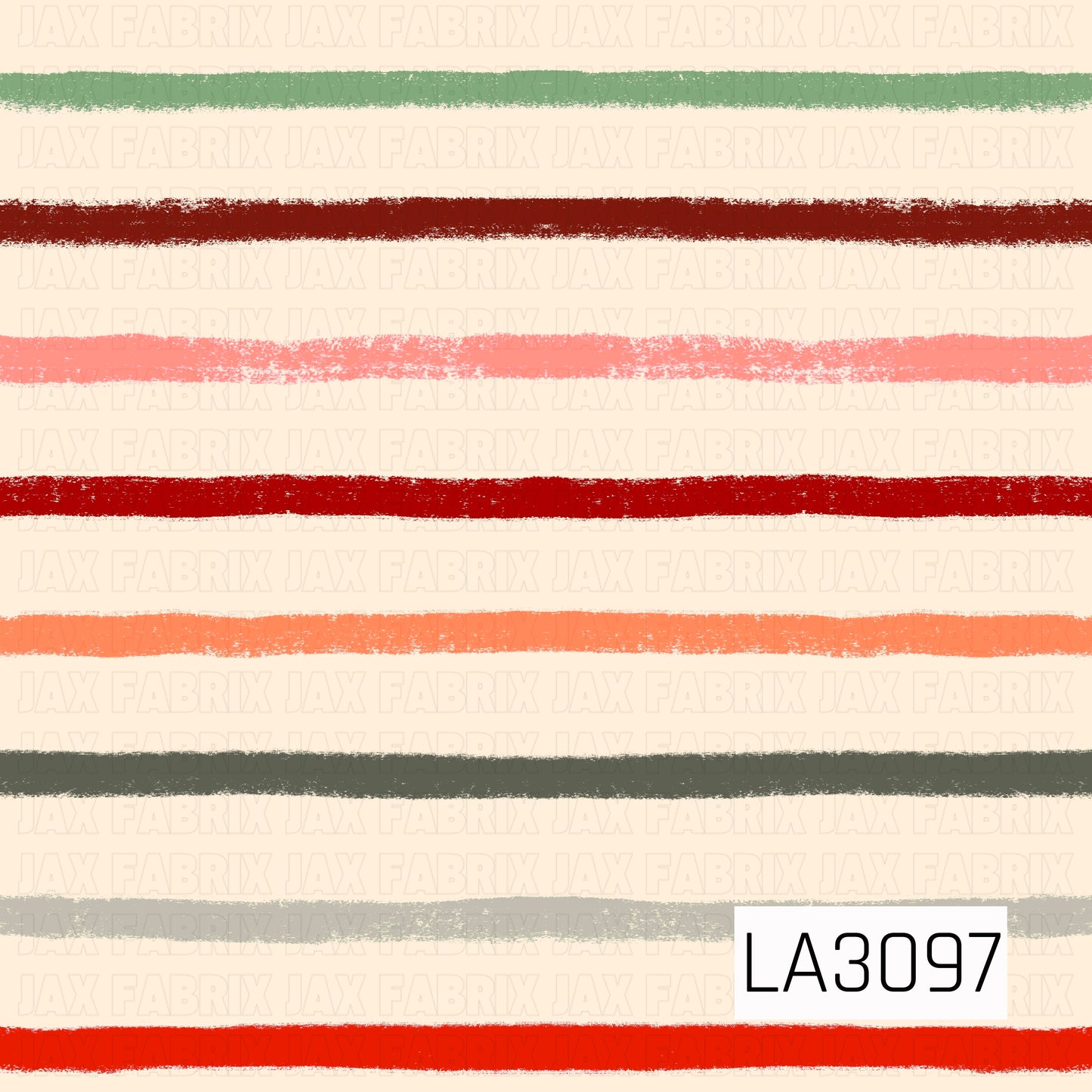A warm, hand-painted stripe pattern featuring a soft cream background with textured horizontal lines in sage green, rusty red, coral pink, bright red, orange, charcoal, and light gray. The imperfect brushstroke edges give the design a cozy, artistic feel with a warm autumn-inspired palette.
