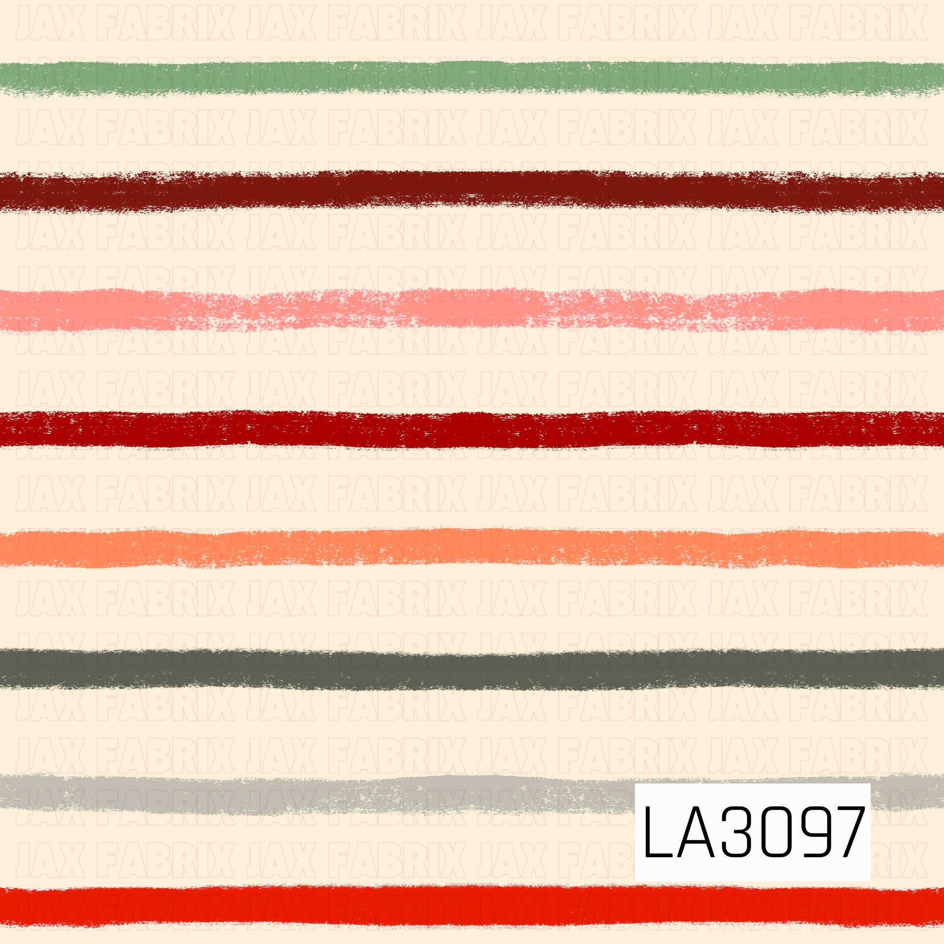A warm, hand-painted stripe pattern featuring a soft cream background with textured horizontal lines in sage green, rusty red, coral pink, bright red, orange, charcoal, and light gray. The imperfect brushstroke edges give the design a cozy, artistic feel with a warm autumn-inspired palette.
