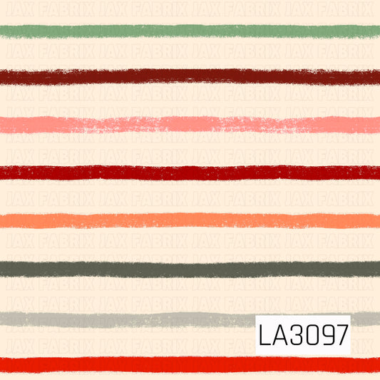 A warm, hand-painted stripe pattern featuring a soft cream background with textured horizontal lines in sage green, rusty red, coral pink, bright red, orange, charcoal, and light gray. The imperfect brushstroke edges give the design a cozy, artistic feel with a warm autumn-inspired palette.
