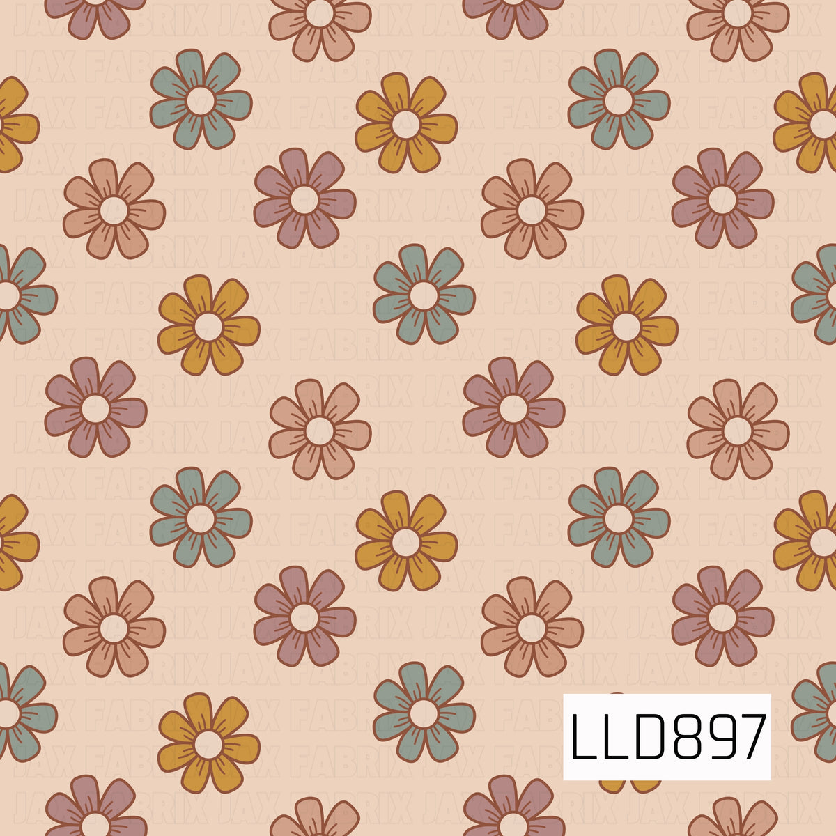 A playful retro floral seamless design featuring scattered hand-drawn flowers in warm, earthy tones of mustard, burnt orange, dusty peach, muted sage, and rust. A soft peach background and bold brown outlines give the pattern a cozy vintage 70s-inspired look.
