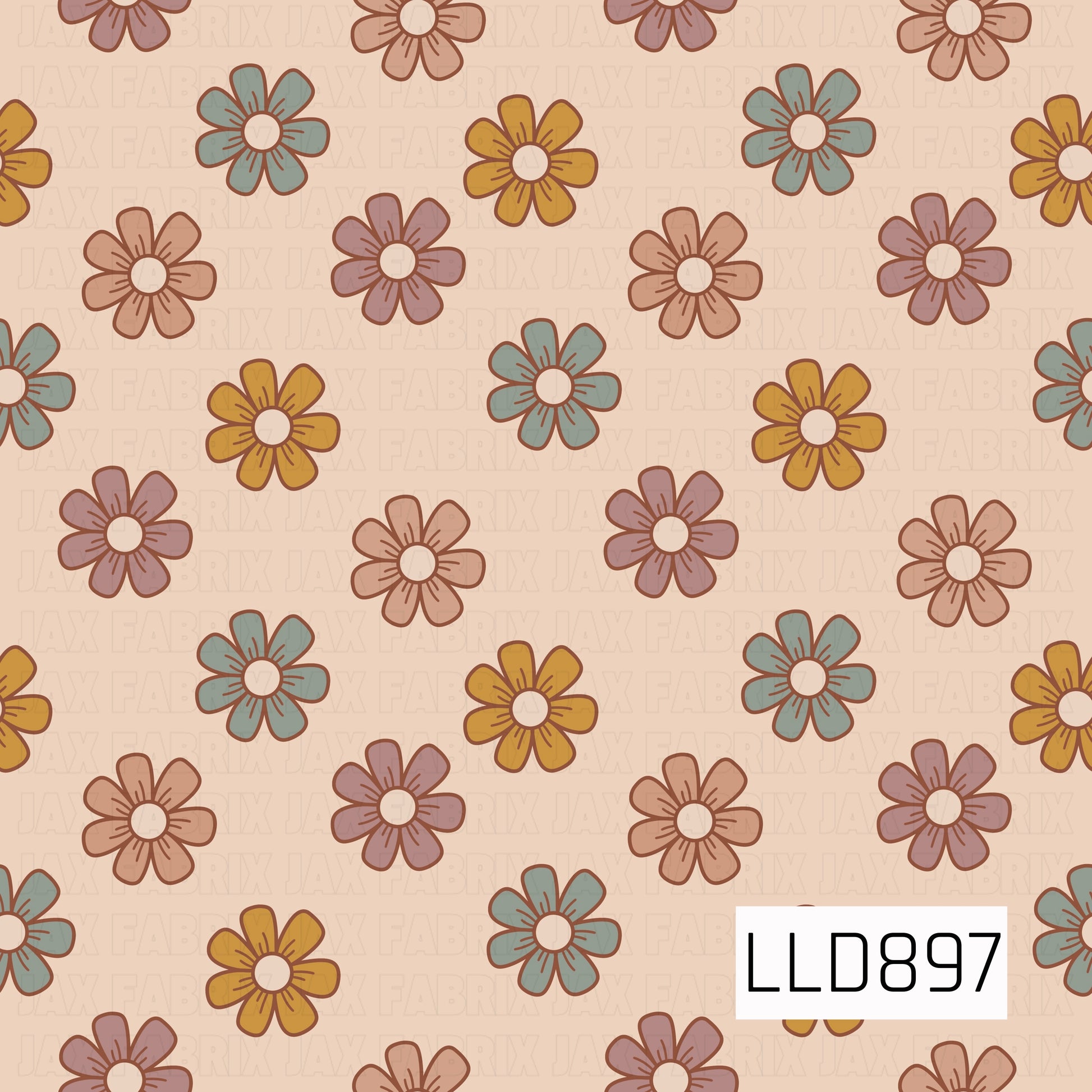 A playful retro floral seamless design featuring scattered hand-drawn flowers in warm, earthy tones of mustard, burnt orange, dusty peach, muted sage, and rust. A soft peach background and bold brown outlines give the pattern a cozy vintage 70s-inspired look.
