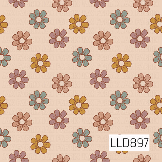 A playful retro floral seamless design featuring scattered hand-drawn flowers in warm, earthy tones of mustard, burnt orange, dusty peach, muted sage, and rust. A soft peach background and bold brown outlines give the pattern a cozy vintage 70s-inspired look.

