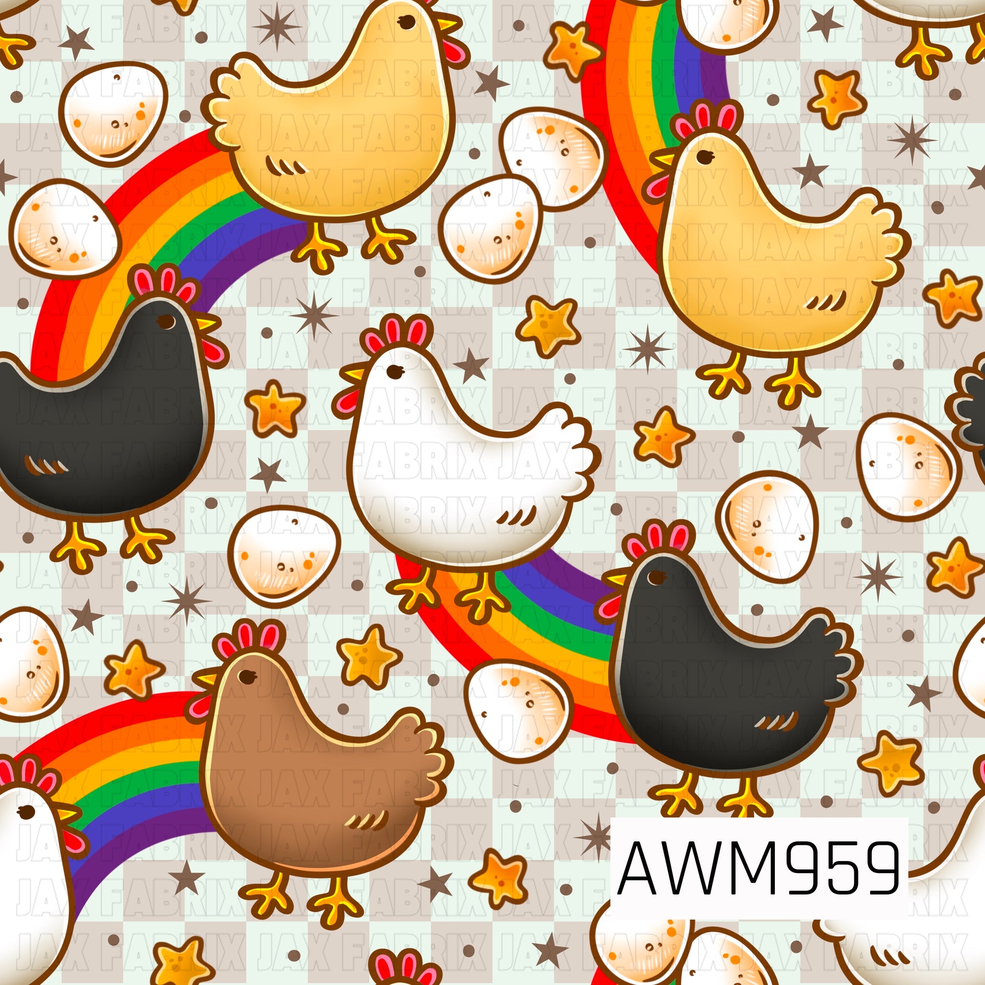 A whimsical chicken-themed design featuring colorful hens, eggs, rainbows, and stars on a neutral check background. Perfect for chicken lovers, homesteaders, farm décor, and country-inspired sublimation projects.
