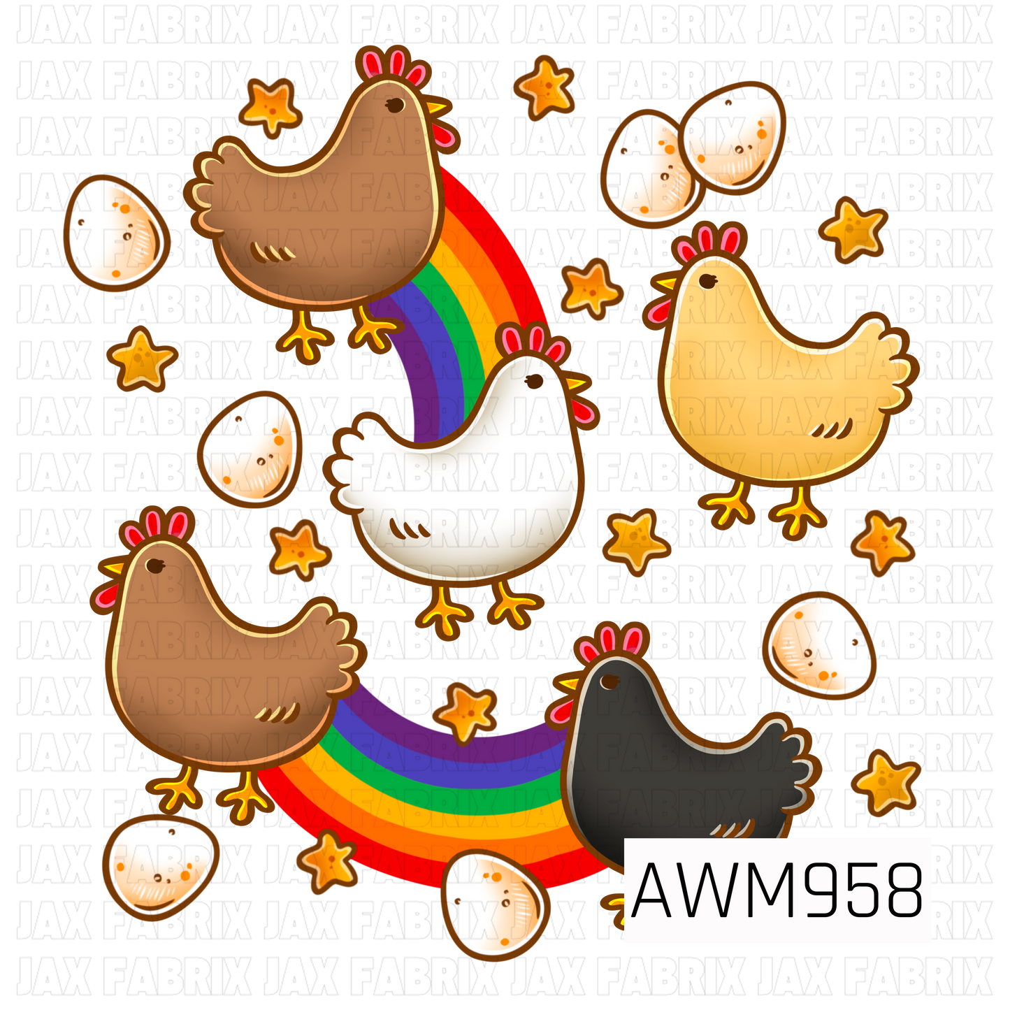 A fun sublimation design featuring colorful hens, eggs, stars, and vibrant rainbow accents. Perfect for chicken lovers, homesteaders, farm-themed gifts, kitchen décor, tumblers, totes, and other country-inspired creations.

