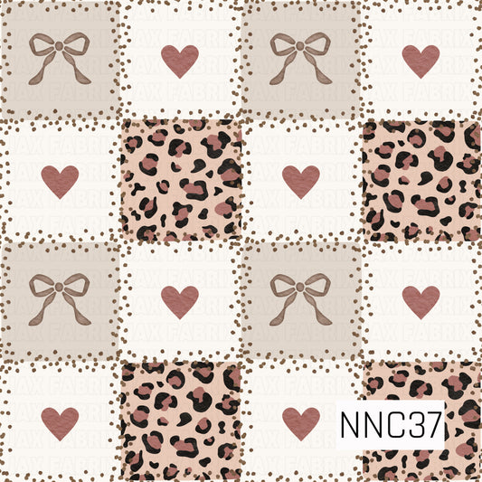 A playful patchwork pattern featuring soft neutral squares filled with brown bows, dusty rose hearts, and pink-and-black leopard print. Scattered brown dotted borders add a hand-drawn touch, while the cream, blush, taupe, and animal print palette gives it a sweet, trendy feel.
