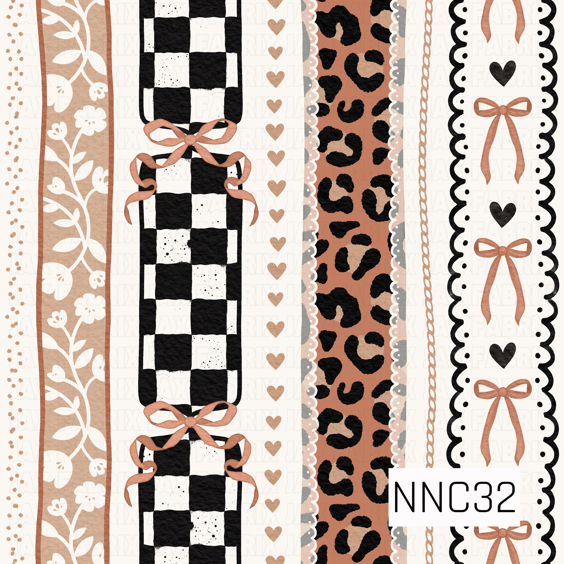 A bold textured stripe pattern combining black-and-white checks, florals, hearts, leopard print, delicate chains, scalloped trim, and terracotta bows on a warm cream background.