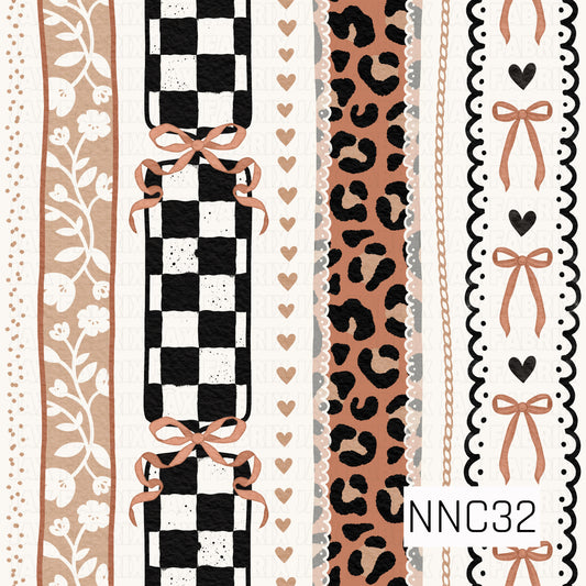 A bold textured stripe pattern combining black-and-white checks, florals, hearts, leopard print, delicate chains, scalloped trim, and terracotta bows on a warm cream background.