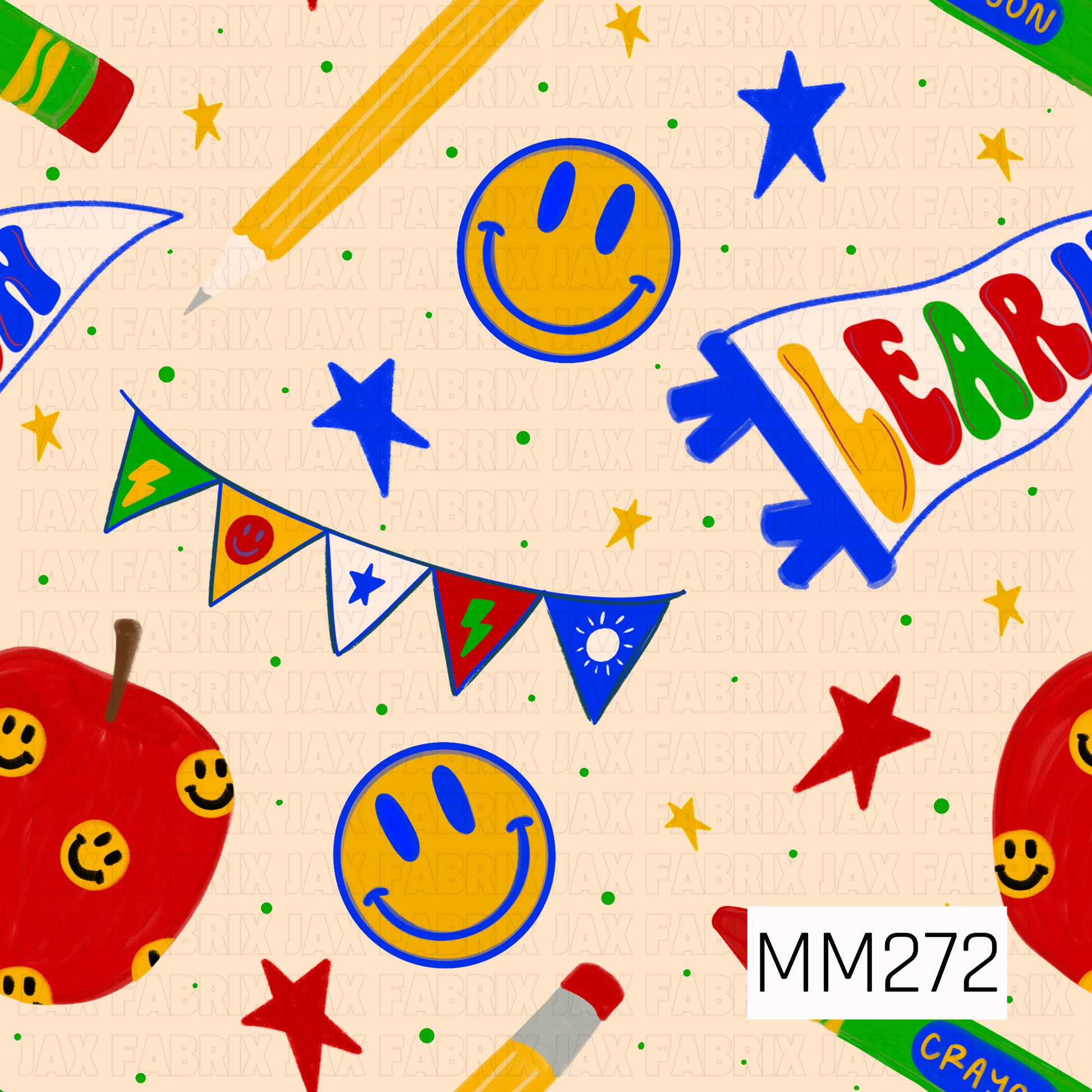 A bright and cheerful back-to-school design featuring classic classroom icons scattered across a soft cream background. The pattern includes red smiley-face apples, yellow smiley faces outlined in blue, colorful crayons, pencils, bold blue stars, red stars, gold accent stars, and a festive pennant banner spelling “Learn.” Pops of primary red, blue, yellow, and green create a playful school-day vibe, while scattered green confetti dots add extra energy and fun.
