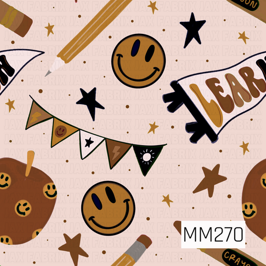 A playful back-to-school design featuring warm brown smiley faces, coordinating brown apples, golden pencils, and brown-and-black crayons scattered across a soft cream background. Navy stars, gold accents, and school-themed pennant banners add a fun classroom feel, creating a trendy neutral color palette perfect for school-inspired projects and accessories.
