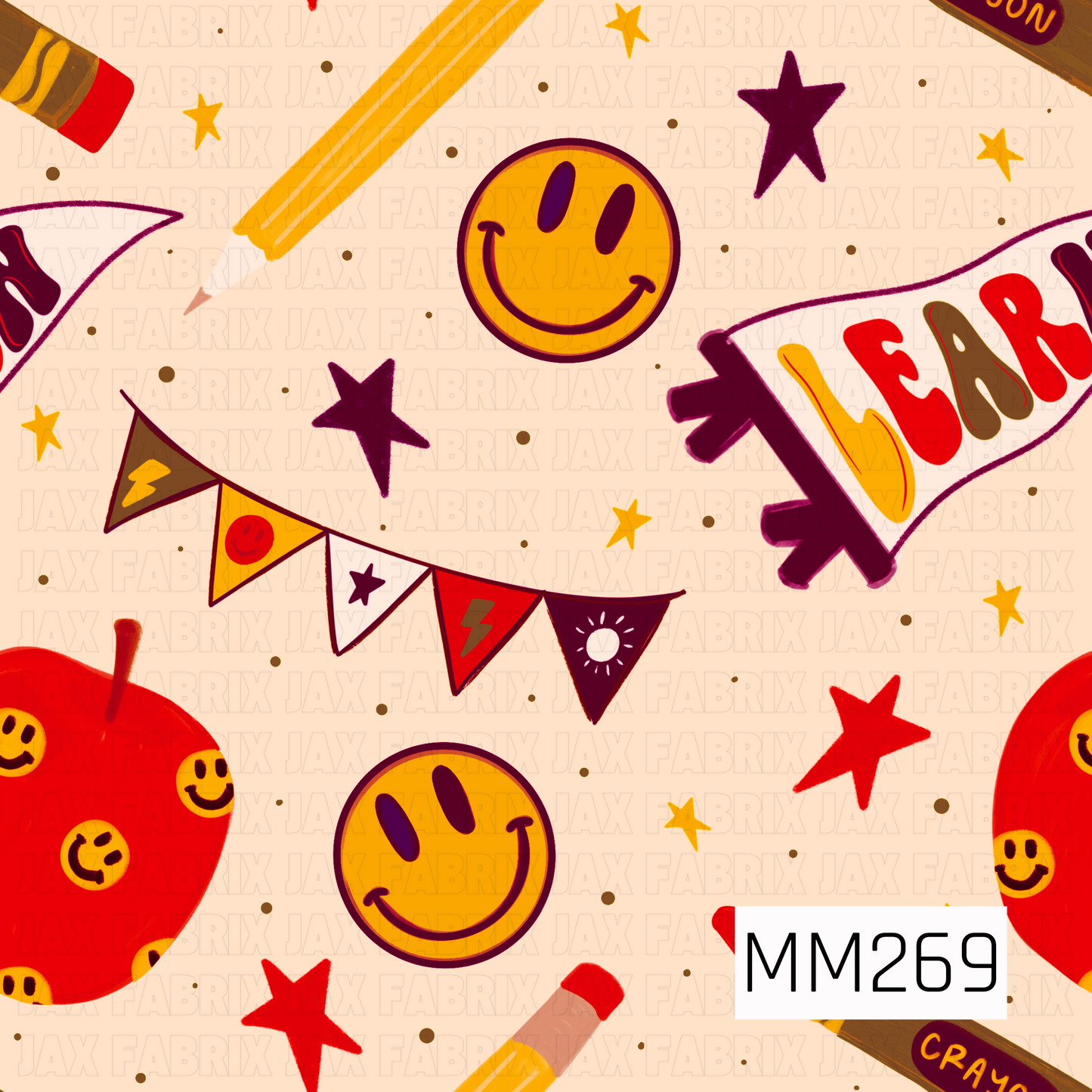 A fun back-to-school design featuring golden yellow smiley faces, bright red apples, yellow pencils, red and brown crayons, burgundy and gold stars, and colorful pennant banners scattered across a soft cream background. Perfect for school projects, classroom accessories, and back-to-school creations.
