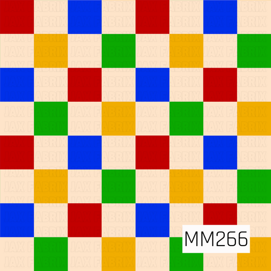 Check  in red, blue, green, and yellow on a beige background.