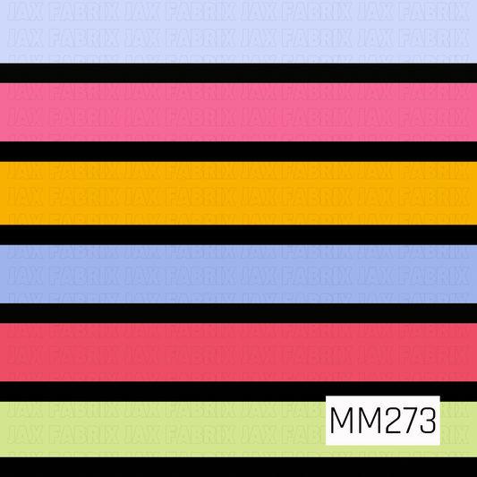 A simple coordinating stripe design featuring bold black horizontal stripes layered between soft pastel bands of powder blue, bright pink, golden yellow, and light lime green. The clean, evenly spaced pattern creates a classic back-to-school look while the cheerful color palette adds a fun, playful touch. Perfect as a coordinating print for school-themed collections, accessories, and handmade projects.
