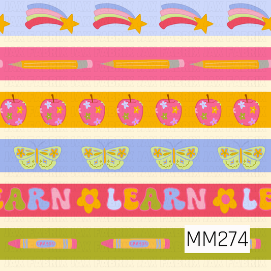 A cheerful back-to-school stripe design featuring rows of colorful classroom-inspired motifs on alternating pastel backgrounds. The pattern includes rainbow shooting stars, yellow pencils, pink floral apples, whimsical butterflies, colorful “LEARN” lettering, and crayons arranged in horizontal bands. Soft shades of powder blue, bright pink, golden yellow, cream, and lime green create a playful, retro-inspired palette perfect for school-themed projects and accessories.

