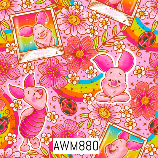 Sweet and whimsical seamless design featuring an adorable pink piglet character surrounded by vibrant pink flowers, tiny white blossoms, colorful rainbows, ladybugs, leafy accents, and sparkling stars. Set on a soft pink background, this cheerful pattern combines playful springtime elements with bright pastel colors for a charming and magical aesthetic.