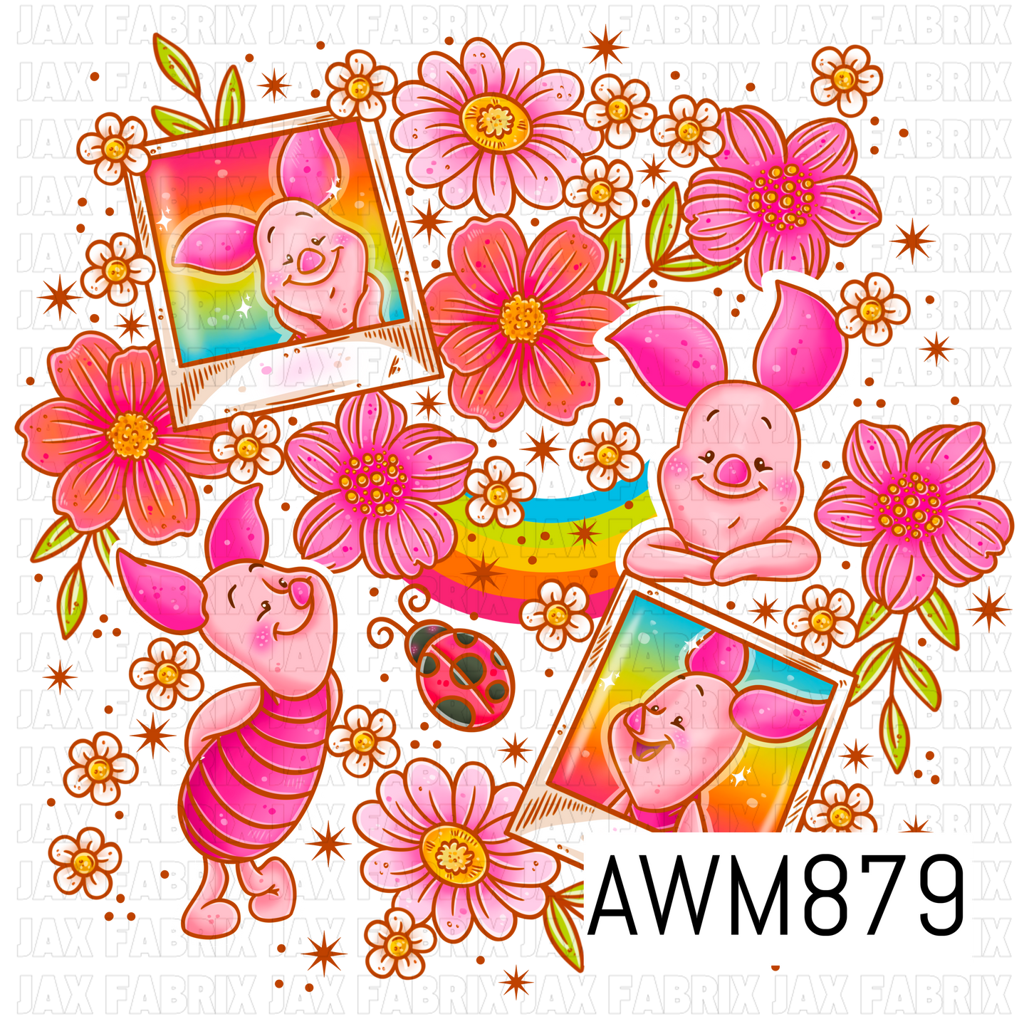 A charming pink-themed character clipart set featuring a cheerful piglet-inspired character surrounded by vibrant pink flowers, tiny white blossoms, a colorful rainbow, and a cute ladybug. The design includes two rainbow-framed portrait elements, a sitting piglet, and a standing piglet character, accented with whimsical floral details, orange starbursts, and bright spring colors. Perfect for creating coordinating seamless patterns, bows, fabric prints, stickers, and scrapbook projects.