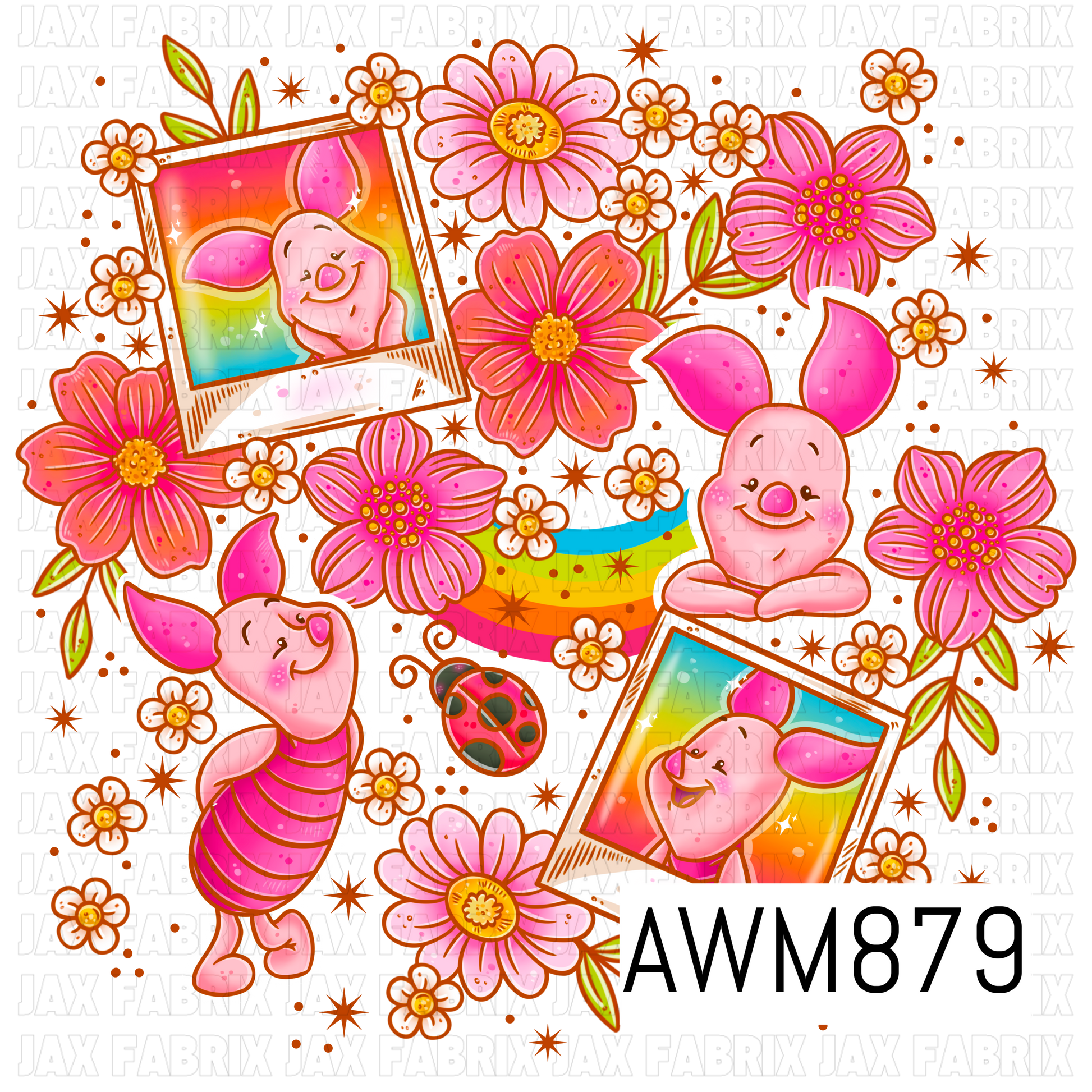 A charming pink-themed character clipart set featuring a cheerful piglet-inspired character surrounded by vibrant pink flowers, tiny white blossoms, a colorful rainbow, and a cute ladybug. The design includes two rainbow-framed portrait elements, a sitting piglet, and a standing piglet character, accented with whimsical floral details, orange starbursts, and bright spring colors. Perfect for creating coordinating seamless patterns, bows, fabric prints, stickers, and scrapbook projects.