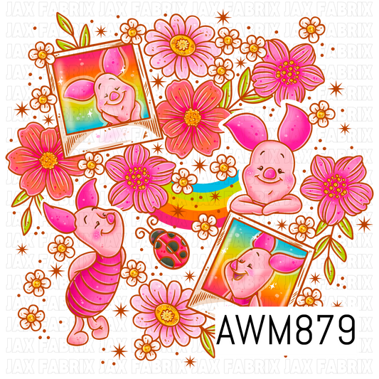 A charming pink-themed character clipart set featuring a cheerful piglet-inspired character surrounded by vibrant pink flowers, tiny white blossoms, a colorful rainbow, and a cute ladybug. The design includes two rainbow-framed portrait elements, a sitting piglet, and a standing piglet character, accented with whimsical floral details, orange starbursts, and bright spring colors. Perfect for creating coordinating seamless patterns, bows, fabric prints, stickers, and scrapbook projects.