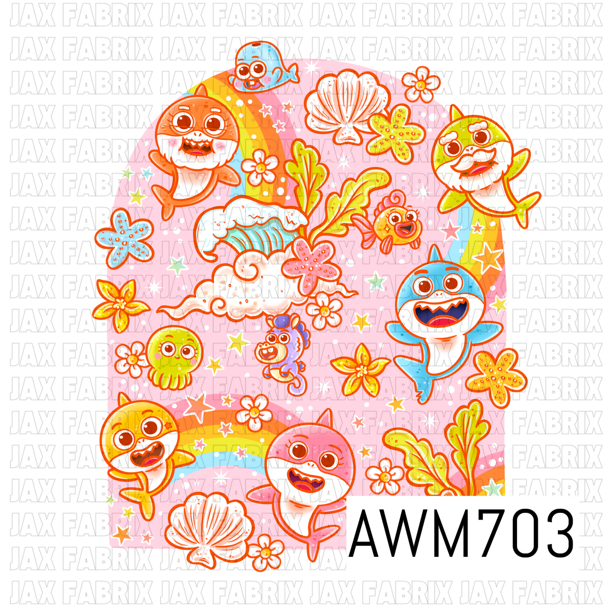 A bright ocean-themed PNG featuring colorful cartoon sharks and sea creatures surrounded by rainbows, seashells, starfish, tropical flowers, seaweed, clouds, and scattered stars. Vibrant pink, orange, aqua, yellow, and lime tones create a playful retro look.