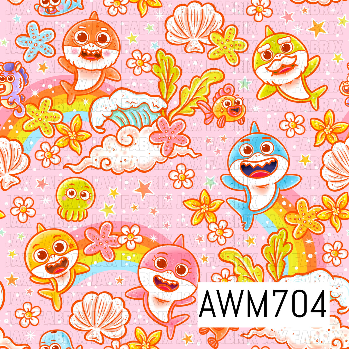 A bright, playful seamless design featuring colorful cartoon sharks and sea creatures mixed with seashells, starfish, tropical flowers, seaweed, rainbows, and scattered stars. Vibrant pink, orange, aqua, yellow, and lime tones pop against a soft pink background.