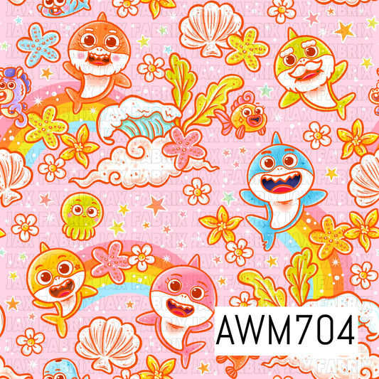 A bright, playful seamless design featuring colorful cartoon sharks and sea creatures mixed with seashells, starfish, tropical flowers, seaweed, rainbows, and scattered stars. Vibrant pink, orange, aqua, yellow, and lime tones pop against a soft pink background.