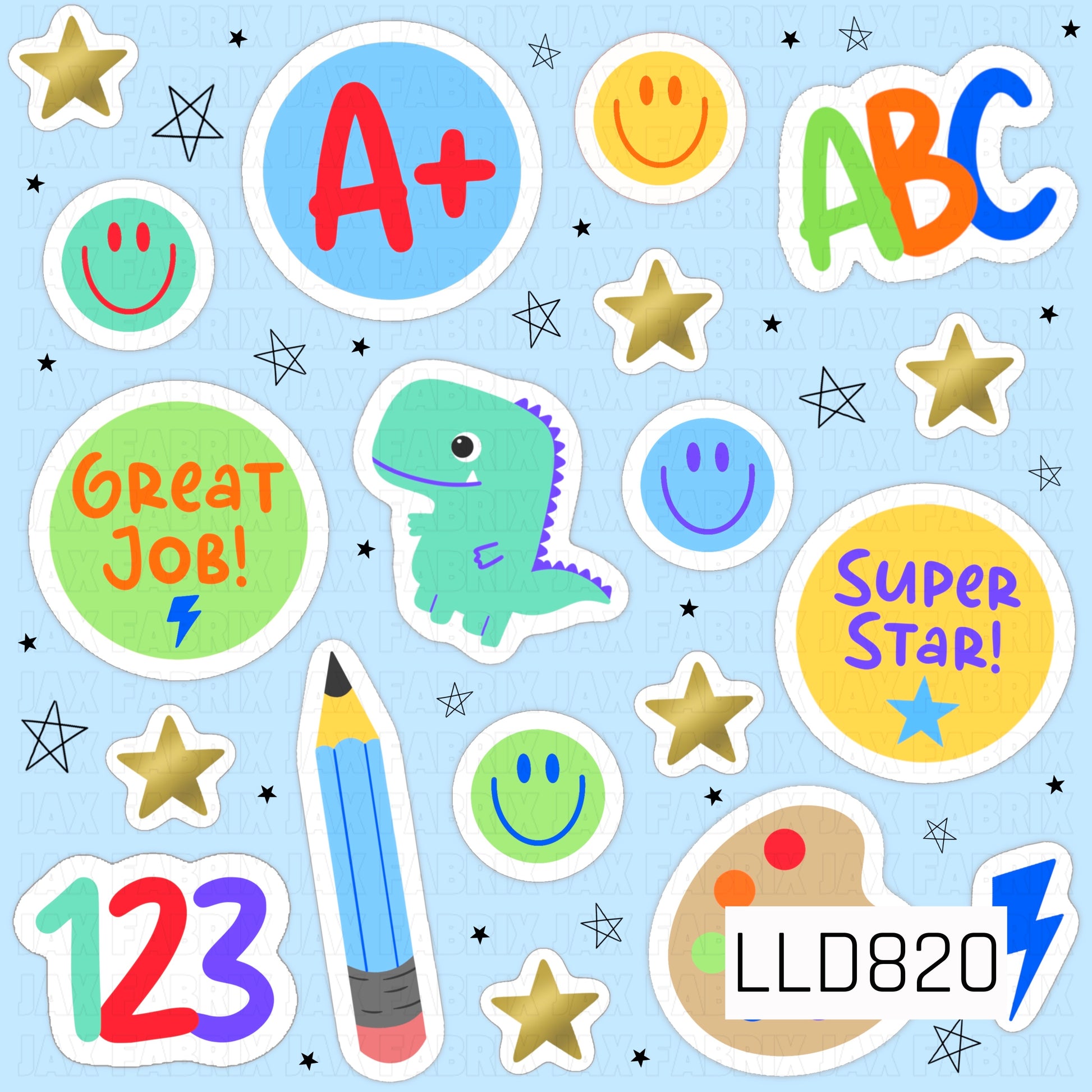 A playful sticker-inspired design featuring colorful classroom icons including an A+, numbers, a pencil, paint palette, smiling faces, stars, a dinosaur, and encouraging phrases like "Great Job!" and "Super Star!" scattered across a light blue background.
