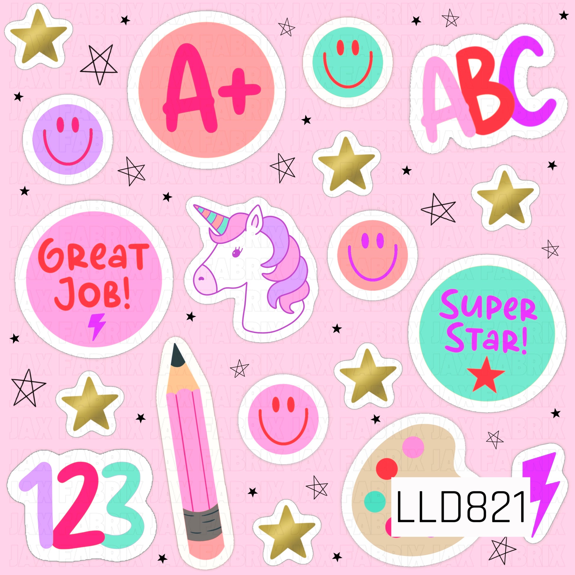 A fun sticker-style design featuring colorful classroom icons including an A+, ABC letters, numbers, a pencil, paint palette, smiling faces, stars, a unicorn, and encouraging phrases like "Great Job!" and "Super Star!" scattered across a soft pink background.
