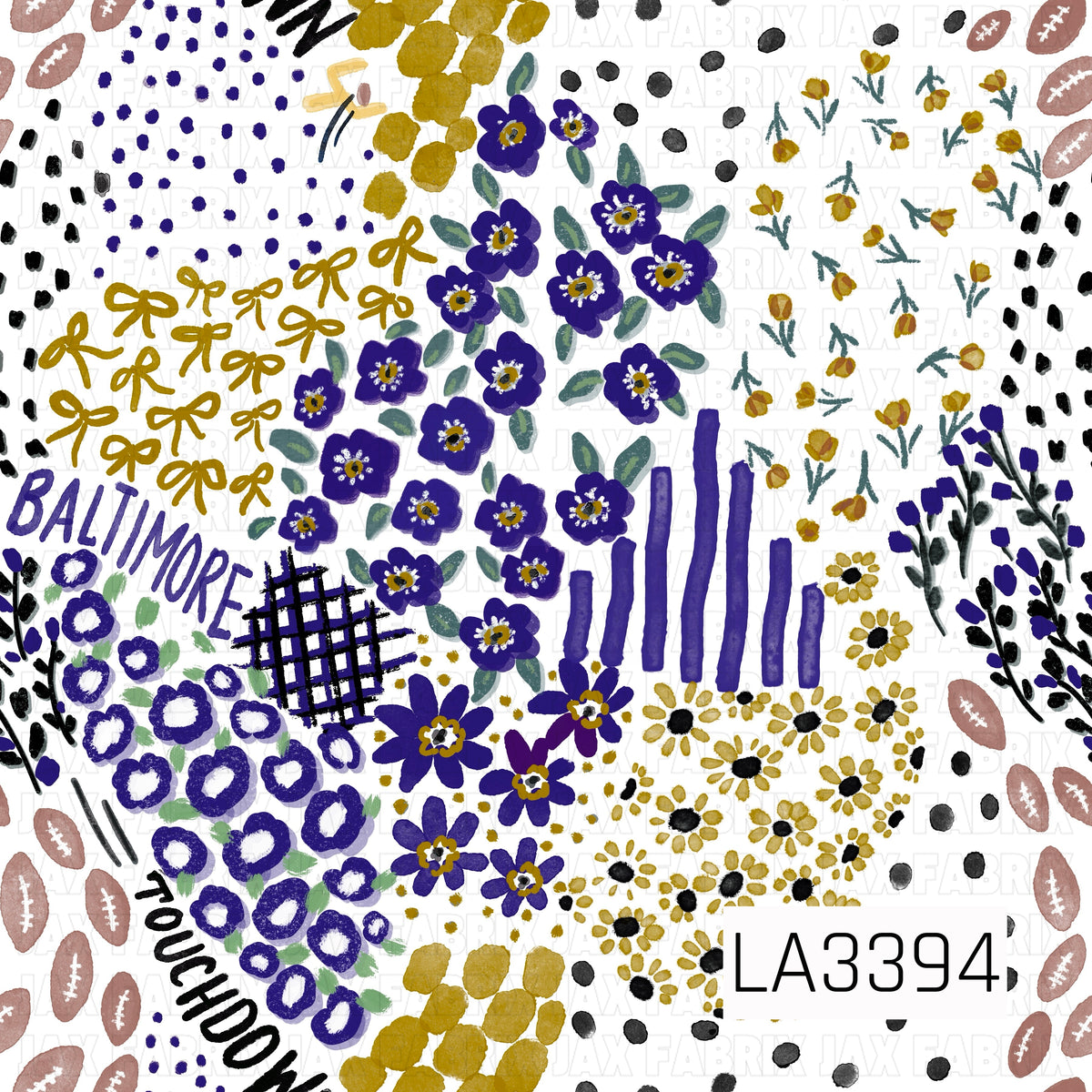 A playful Baltimore football-inspired print featuring rich purple, metallic gold, black, and white. Hand-painted florals, bows, footballs, scattered dots, stripes, plaid accents, and “Baltimore” and “Touchdown” lettering create a fun, artsy game day design.
