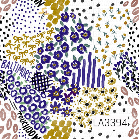 A playful Baltimore football-inspired print featuring rich purple, metallic gold, black, and white. Hand-painted florals, bows, footballs, scattered dots, stripes, plaid accents, and “Baltimore” and “Touchdown” lettering create a fun, artsy game day design.
