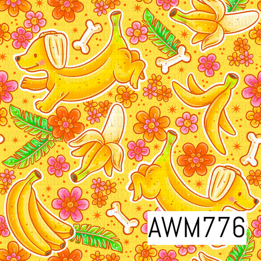 A cheerful seamless pattern featuring playful banana dogs, peeled bananas, banana peels, tropical palm leaves, dog bones, and bright retro-inspired flowers scattered across a sunny yellow background. Warm golden tones, pops of pink and orange, and whimsical illustrated details create a fun, tropical design with a playful vintage flair.